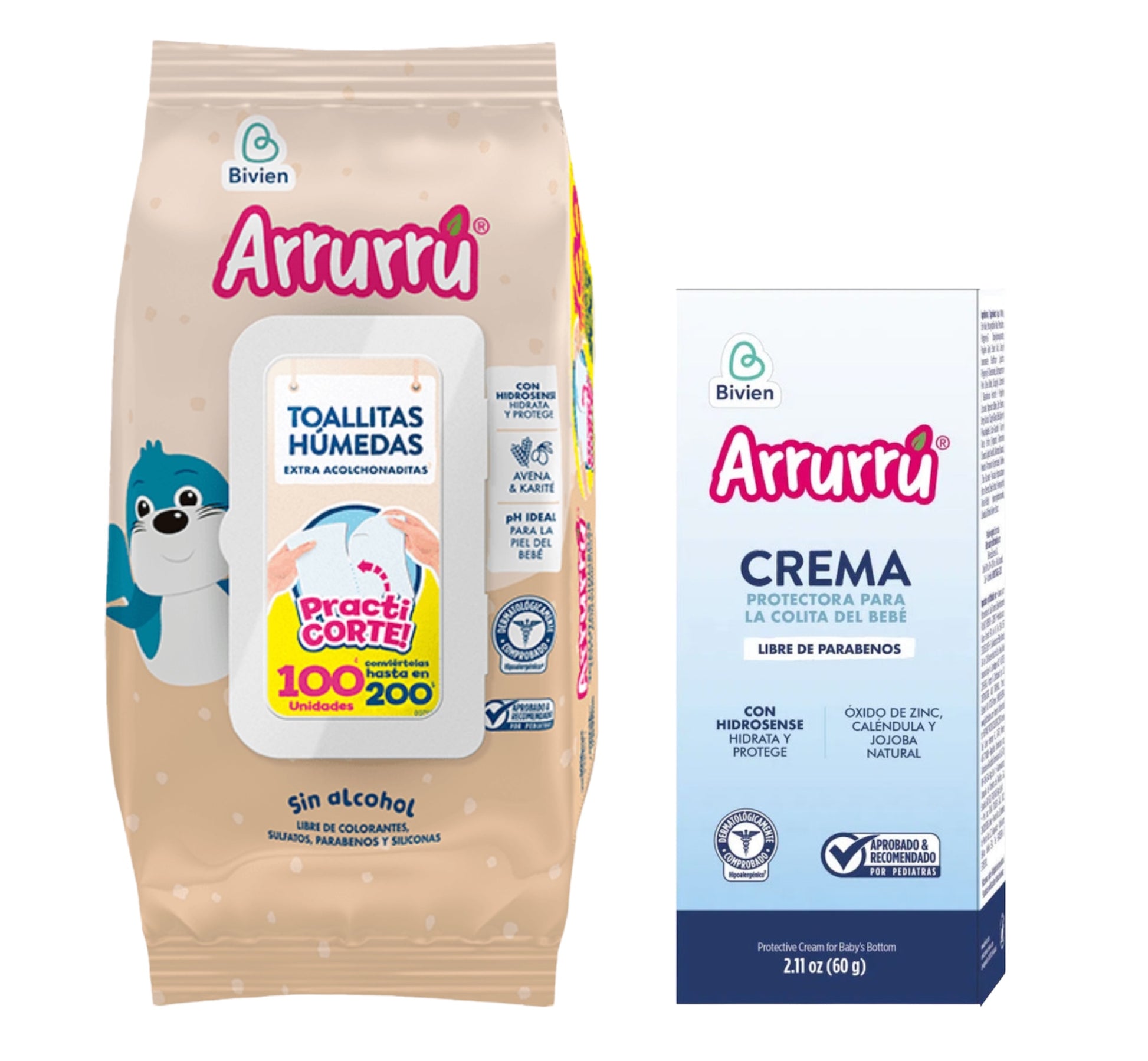 Dúo Pack Arrurru Cuidado para la Colita del Bebé - 100 pack Toallitas Húmedas Extra Acolchonaditas Avena <& Karité + Crema para la Colita del Bebé 2.11 oz (60g).