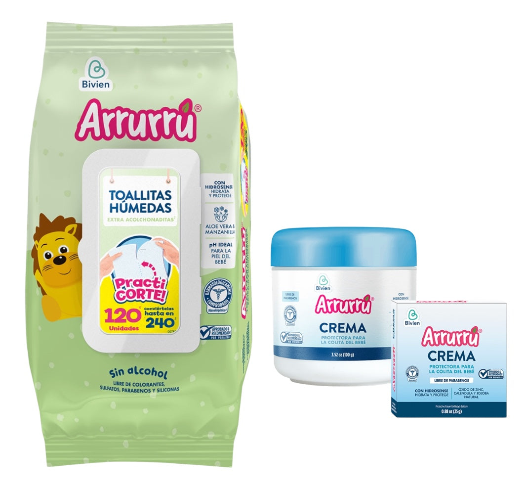 Dúo Pack Arrurru Cuidado de la Colita del bebé - 120 Toallitas húmedas extra acolchonadas Aloe & Manzanilla + Mega Pack Crema Protectora para la Colita del Bebé 100 Gr + 25 Gr