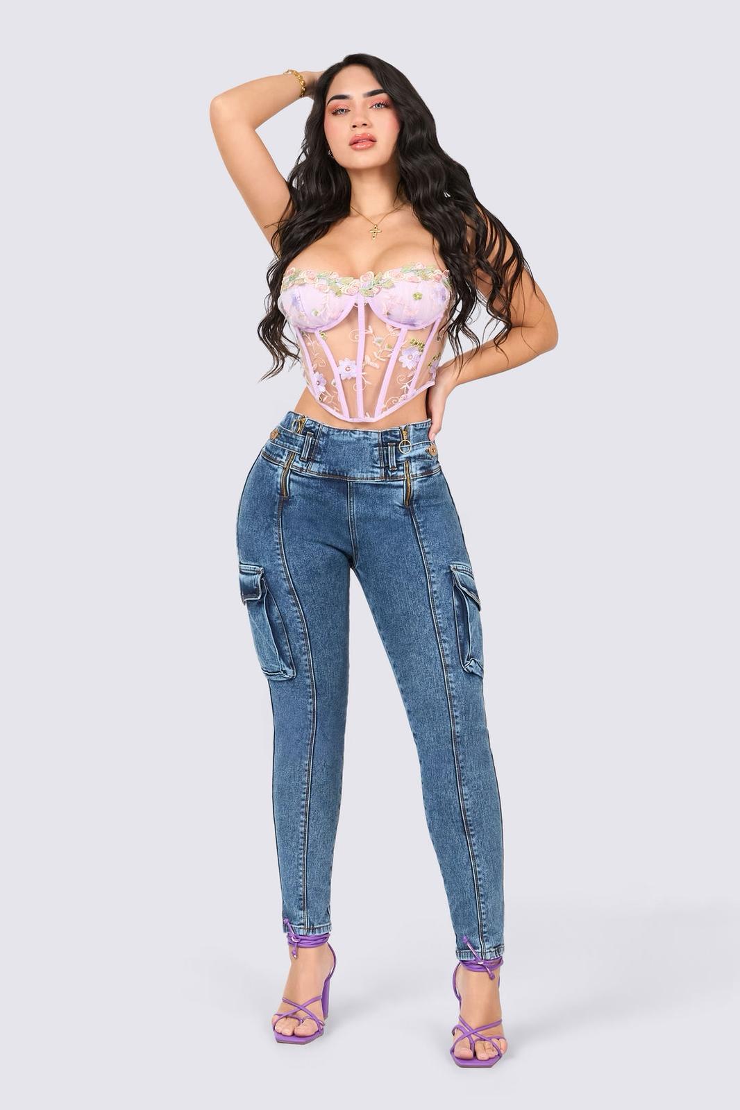Colombian Skinny Cargo Jeans – High Waisted Semi Stretch Denim Butt Lift Fit