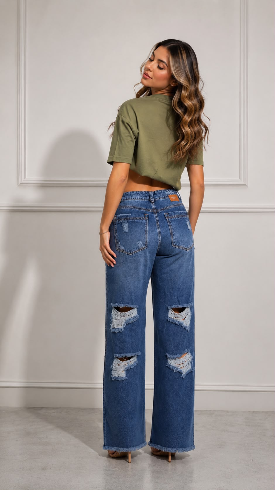 Colombian Wide Leg Distressed Jeans – High Waist Rigid Denim with Vintage Destroyed Details