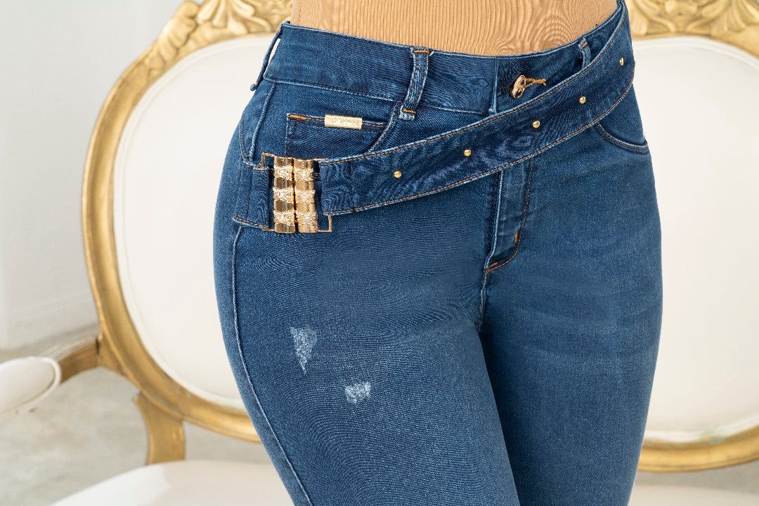 Colombian Flare Jeans for Women Ref W-374 – High Waist Push Up Peach Skin Stretch Denim with Belt
