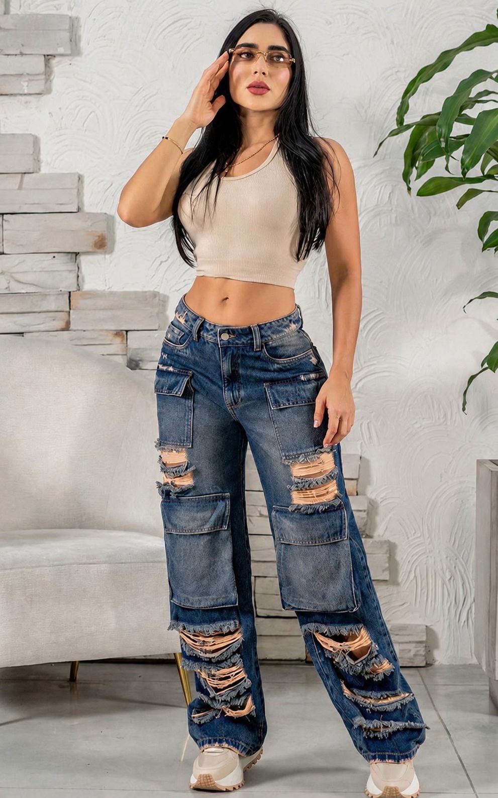 Colombian Cargo Jeans for Women Ref 630 – High Waist Rigid Denim Wide Leg Distressed Style