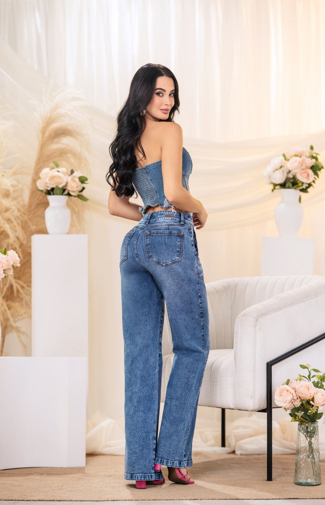 Colombian Wide Leg Jeans Ref. 1922 – High Waist Stretch Peach Skin Denim with Utility Pocket