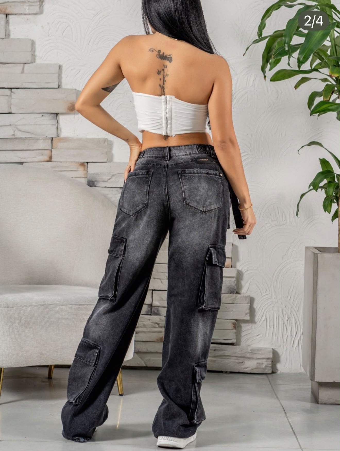 Colombian Wide Leg Cargo Jeans – High Waist Washed Black Rigid Denim with Utility Multi-Pocket Design