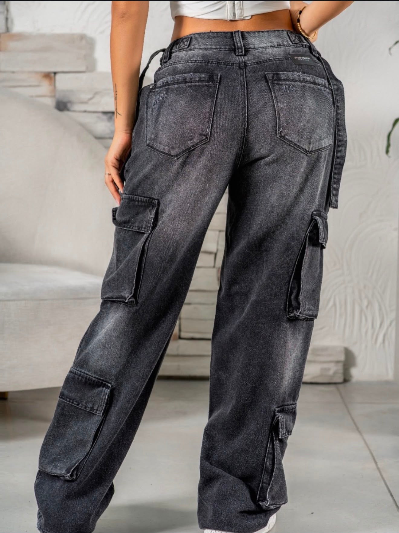 Colombian Wide Leg Cargo Jeans – High Waist Washed Black Rigid Denim with Utility Multi-Pocket Design