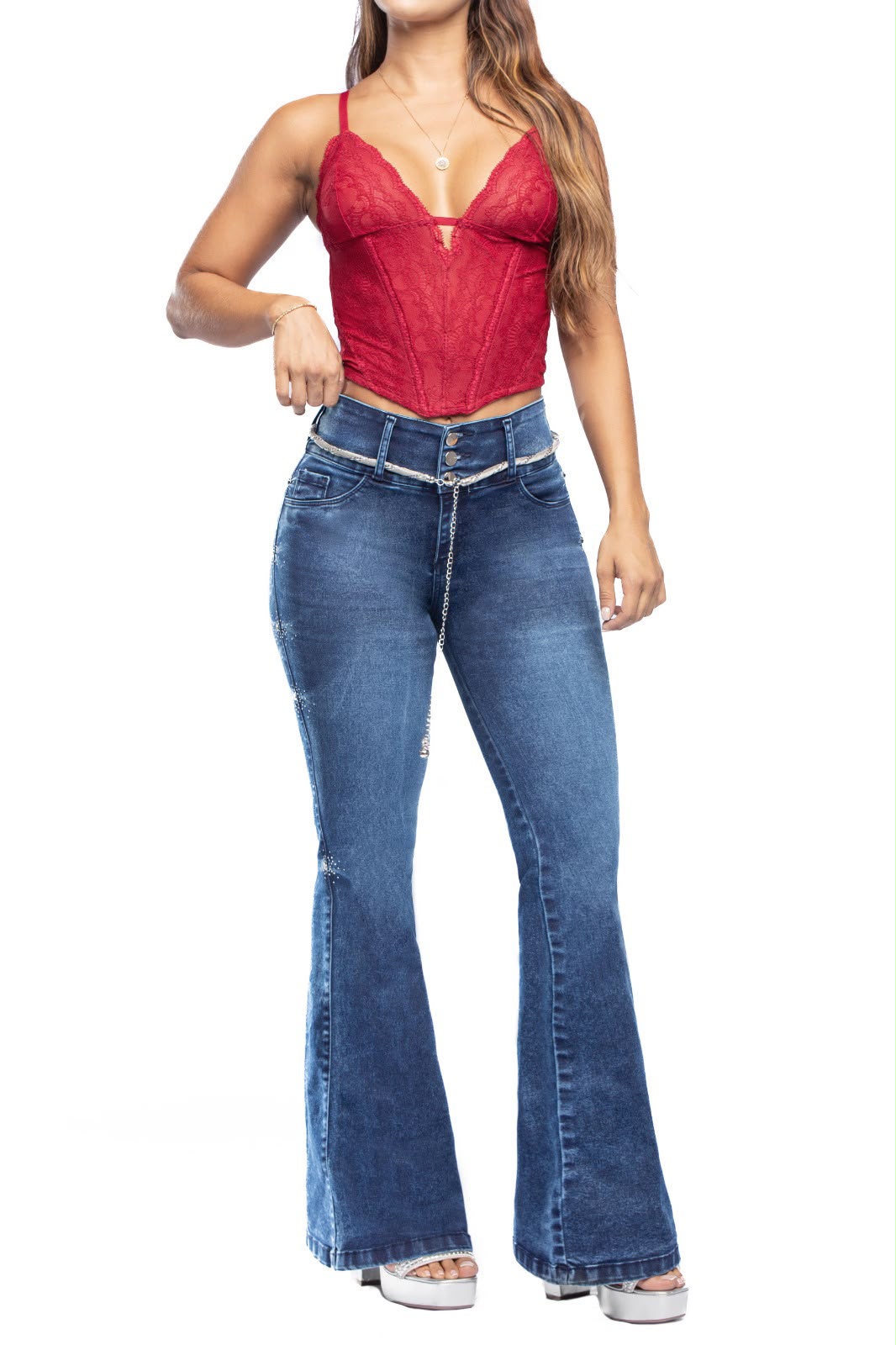 Colombia 71572 Flare Jeans  High Waist Decorative Chain Stretch Denim