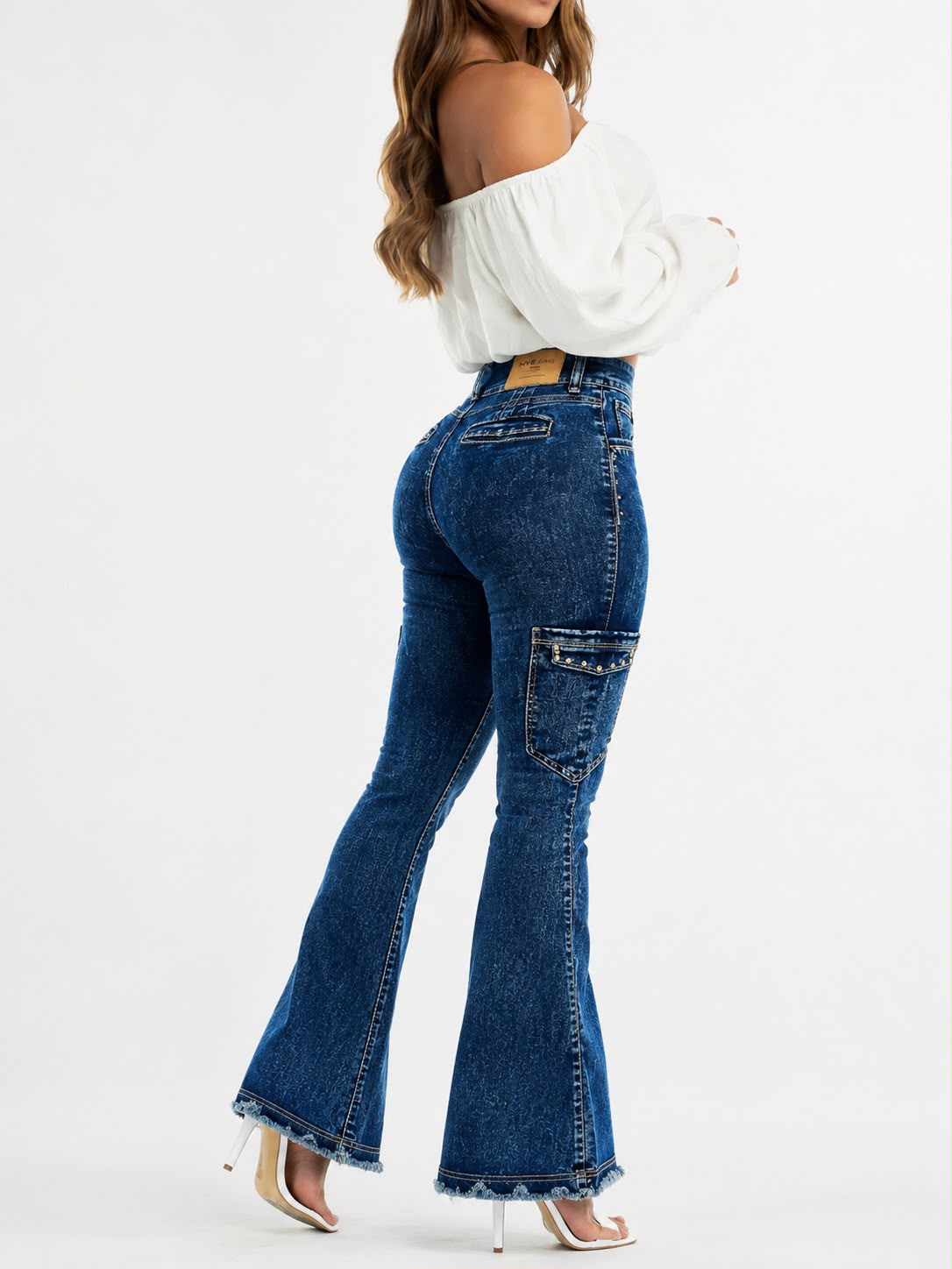Colombia 64888 Cargo Flare Jeans High; 4 Button Waistband Stretch Denim