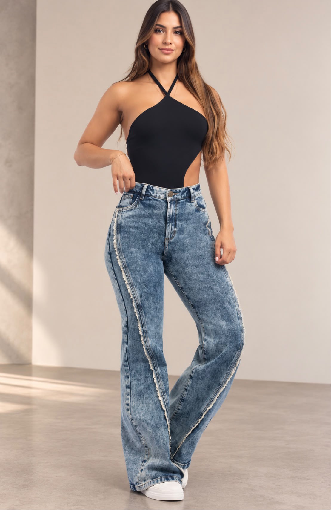 Colombia 64868 Wide Leg Jeans  High Waist Distressed Detail Light Stretch Denim