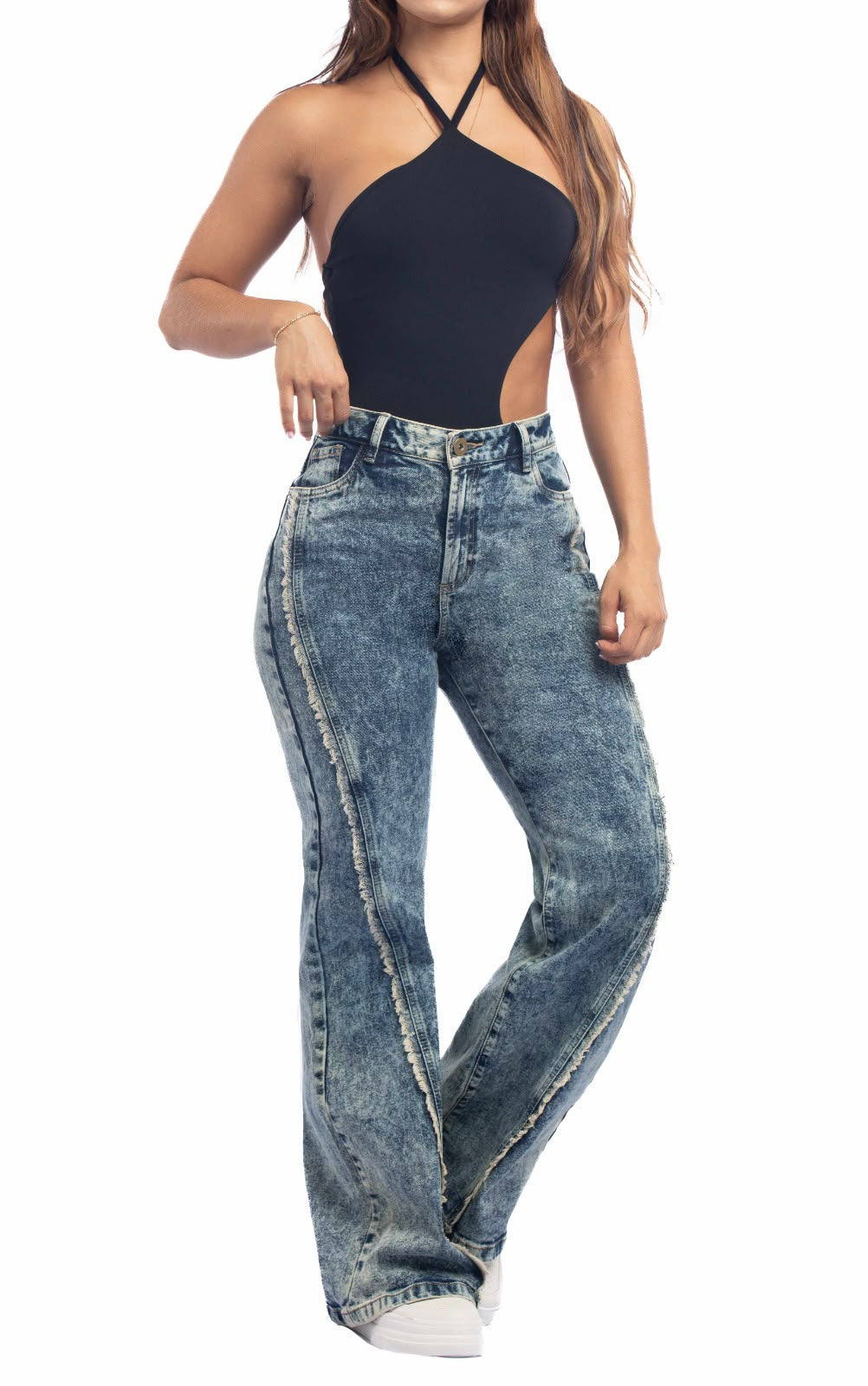 Colombia 64868 Wide Leg Jeans  High Waist Distressed Detail Light Stretch Denim