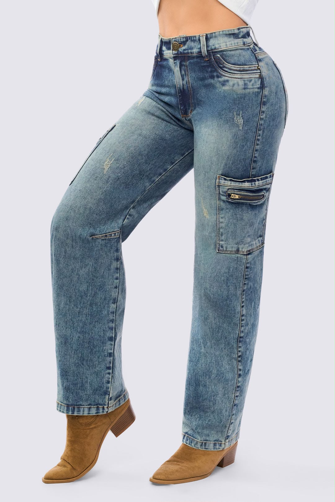 Colombian Ref. 7107 High Waist Cargo Jeans – Semi-Rigid Denim