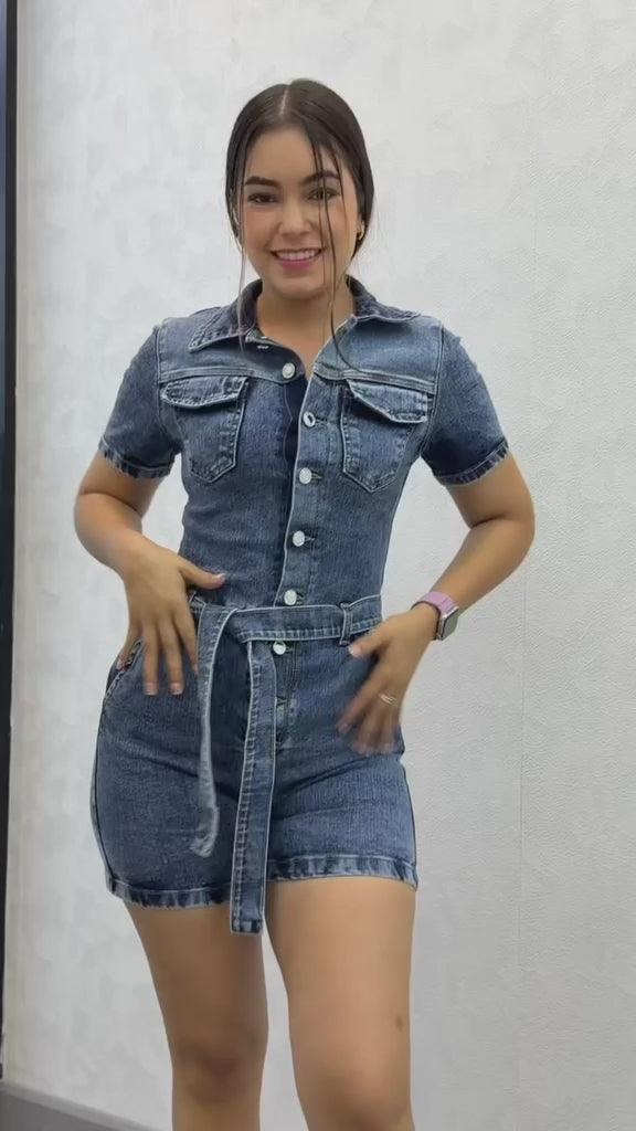 Colombian Denim Romper for Women Semi Stretch Short Sleeve